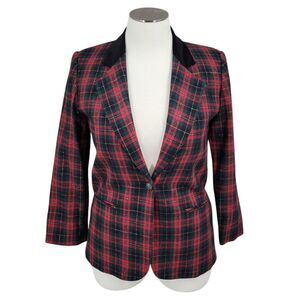 Radcliffe Vintage Wool Blend Tartan Plaid Christmas Holiday Blazer Velvet Collar